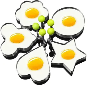 Egg Ring Molds for Cooking 5 Pack Griddle Egg Rings Stainless Steel Egg Cooking Rings Heart, Flower, Star, Micha, Round Pancake Mold Set, Yellow