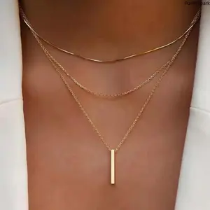 Minimalist 3-Layered Bar Pendant Jewelry, Pre-Layered Snake Chain & Cable Chain Choker Set