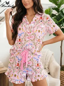 Women's Pink Nutcracker Pajamas Christmas Print Sleepwear Ribbon Tie Pjs Sets Short Sleeve Nightwear Two Piece Loungewear Holiday Party Outfits Relaxed Fitting Clothes Xmas Gift Suitsmer Home Clothes Relaxed Fitting Suits Casual Beach Wear outdoorfun