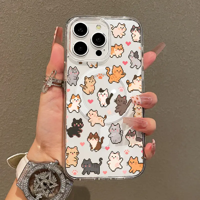 Aesthetic Soft Girl Magnetic TPU Phone Case & Cover for iPhone 11/12/13/14/15/16/17 Pro Max, Pixel Cat Pattern, Lightweight, Drop-Proof, Shockproof, MagSafe-Compatible Casing for Teen Girls