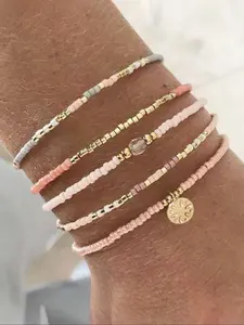 Mixed Color Beaded Bracelet, Beads Bracelets, Boho Style Bracelets with Pendant, Trendy Jewellery Accessories for Women & Girls, Casual All-match Accessories for Party, Daily Clothing Decor, Stackable Bracelet, Bangle Chain Jewelry, Trendy Accessories
