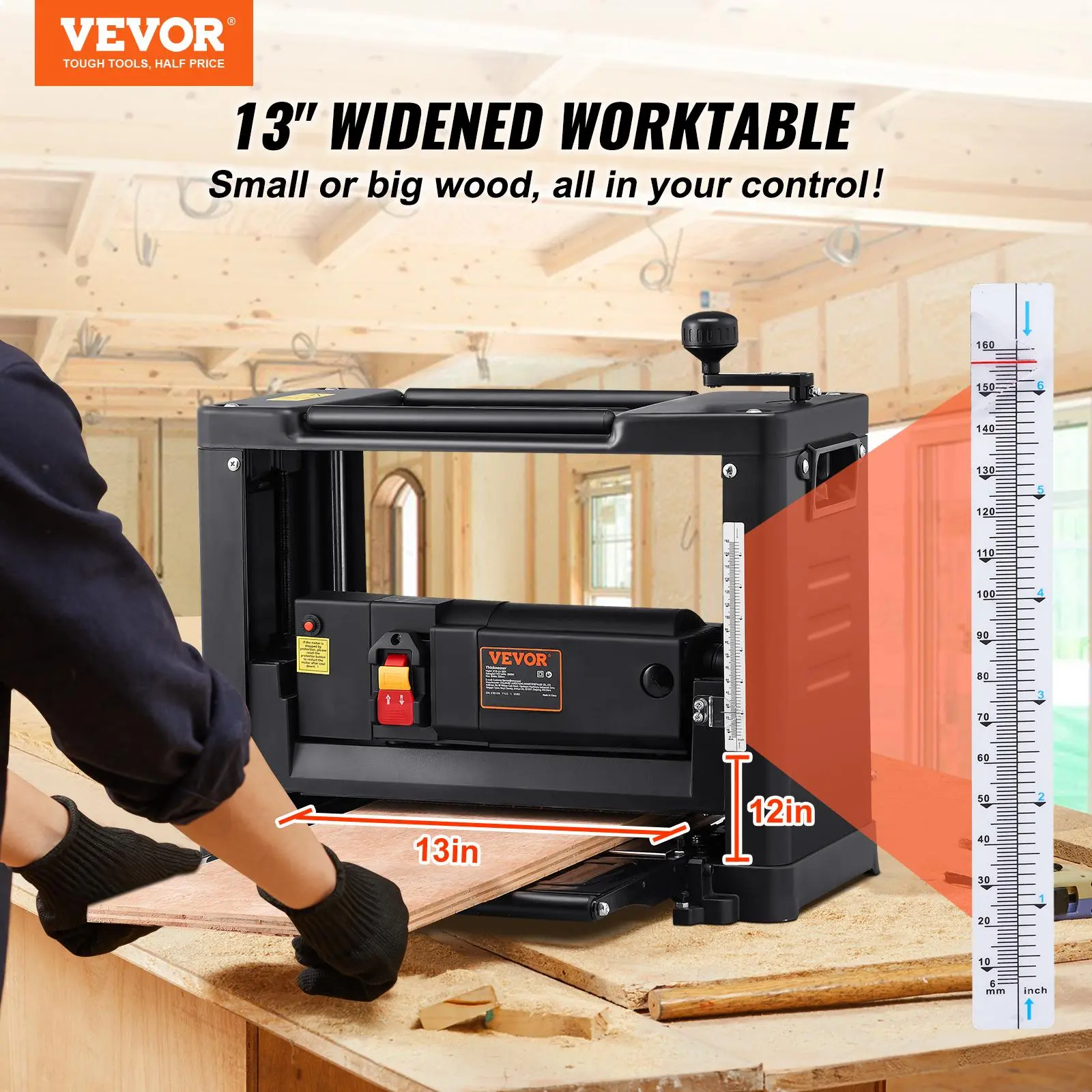 【Summerfinds】VEVOR Thickness Planer Single Speed13" Width Worktable Benchtop PlanerTwo-Blade15-Amp 1800W Powerful Motor12" Extended Infeeding TableLow Noise for both hard & soft wood material removal