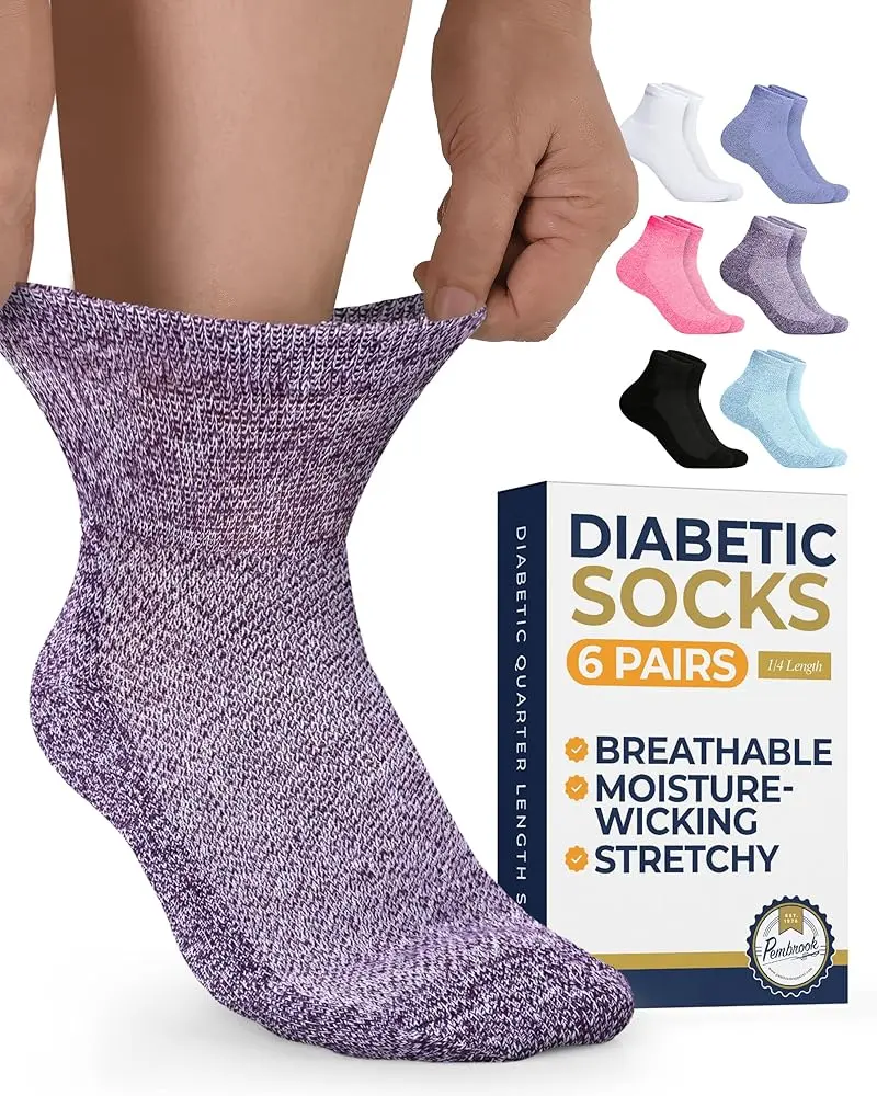 Pembrook Ankle Diabetic Socks | Neuropathy Relief | 6 Pairs in Multiple Colors, Smooth, Tops, Breathable