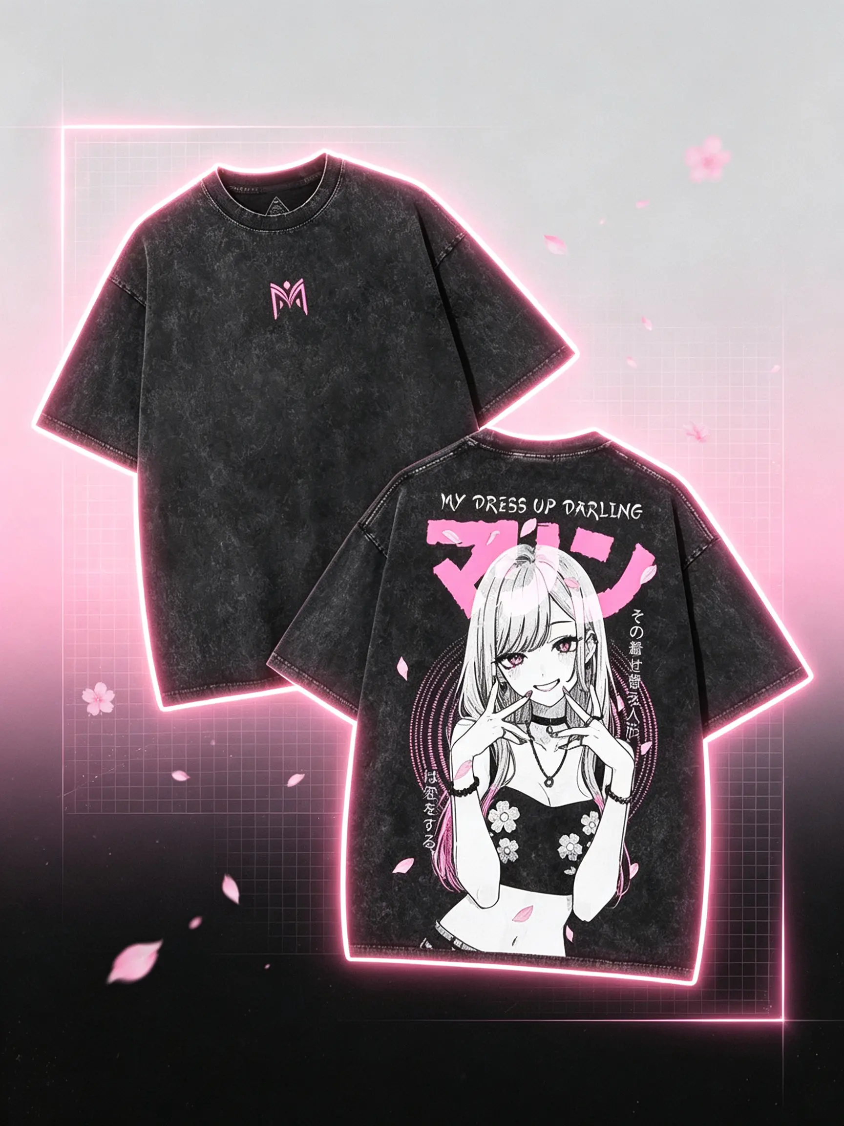 Men's Graphic T-Shirt, Oversized Washed 260GSM Cotton Short-Sleeve with Marin Kitagawa Pink Sakura Anime Back Art, Unisex Aesthetic Round Neck Streetwear, Vibe, Shortsleeve, Menswear
