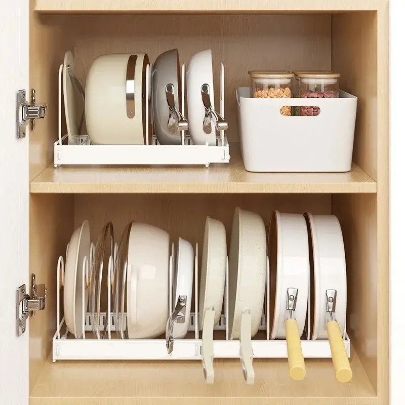 Sturdy Expandable Rectangle ABS Kitchen Cabinet Slide Rack - 1-Layer House Organizer with 7 Stainless Steel Dividers, 12"-22" Width Adjustment, 5-10 Kg Load Capacity, White Storage for Pot Lids/Baking Trays, Kitchen Accessories