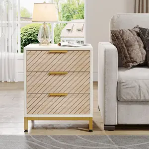 LITTLE TREE Night Stands for Bedrooms, White and Gold Light Wood Grain Nightstands with 3 Drawers Bedside End Tables Storage for Bedroom