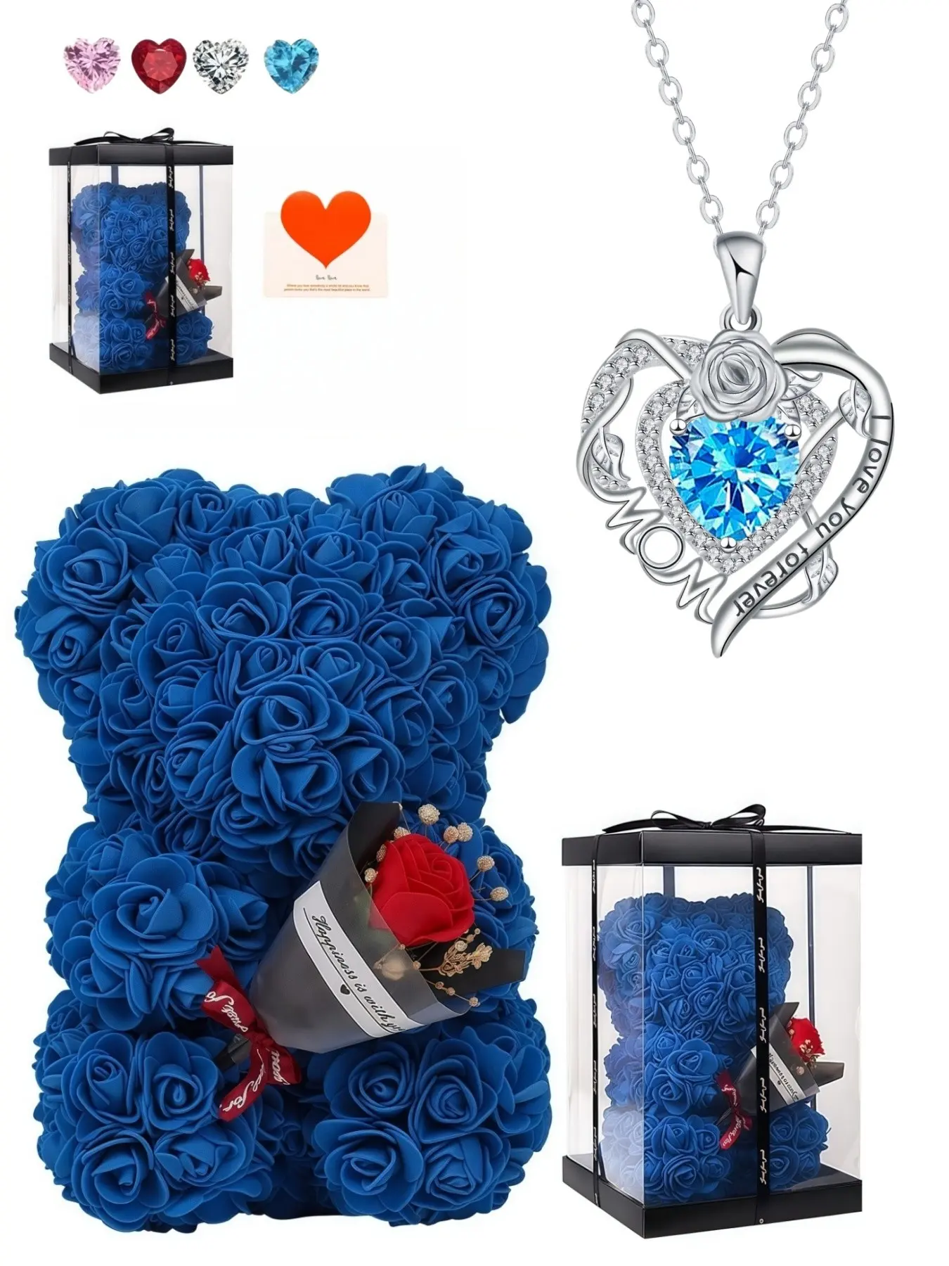 Rose Heart Forever Mom Original heart-shaped rose pendant, luxury premium gem Love Necklace.Paired with a preserved rose & teddy bear jewelry gift box.Perfect mysterious gift for festivals, birthdays, Valentine's Day, Mother's Day and Christmas.