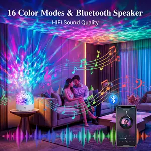 16-Color Star Projector Light with Bluetooth Speaker, Music Sync Galaxy Night Light, 3D Surround Sound Ocean Wave & Water Ripple Atmosphere Lamp