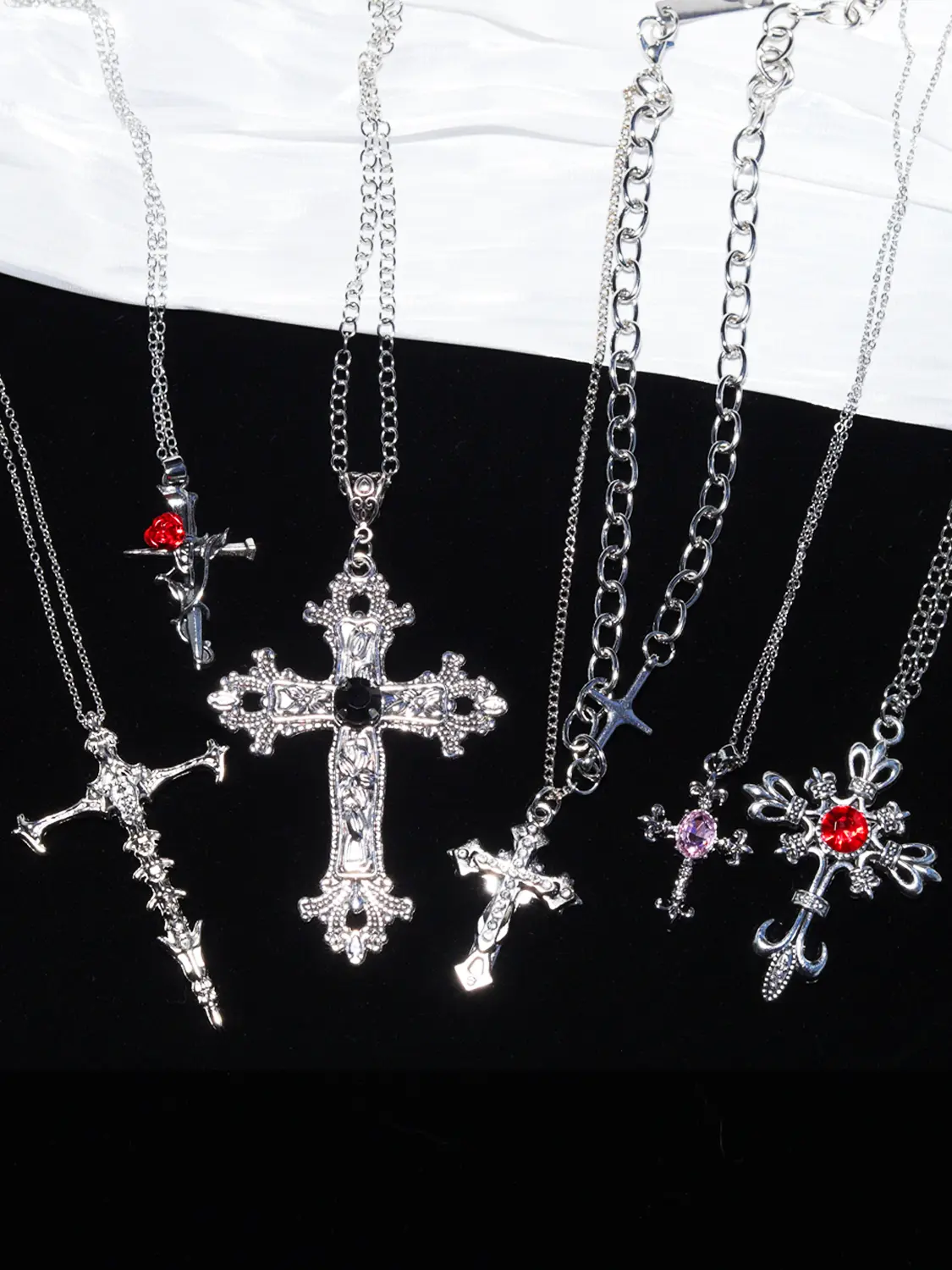 6-Piece Gothic Cross Necklace Set, Silver-Tone Rose, Red & Pink Gem-Look Pendant Necklaces, Y2K Punk Layering Jewelry