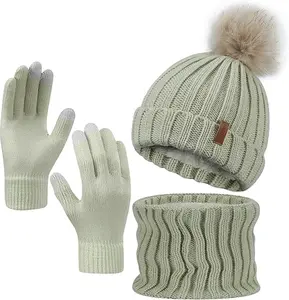 3pcs Winter Warmth Essentials Set - Knit Beanie, Scarf & Gloves with Faux Fur Trim - Thick Plush for Enhanced Comfort and Warmth, Sports Style, Polyester Knit Fabri