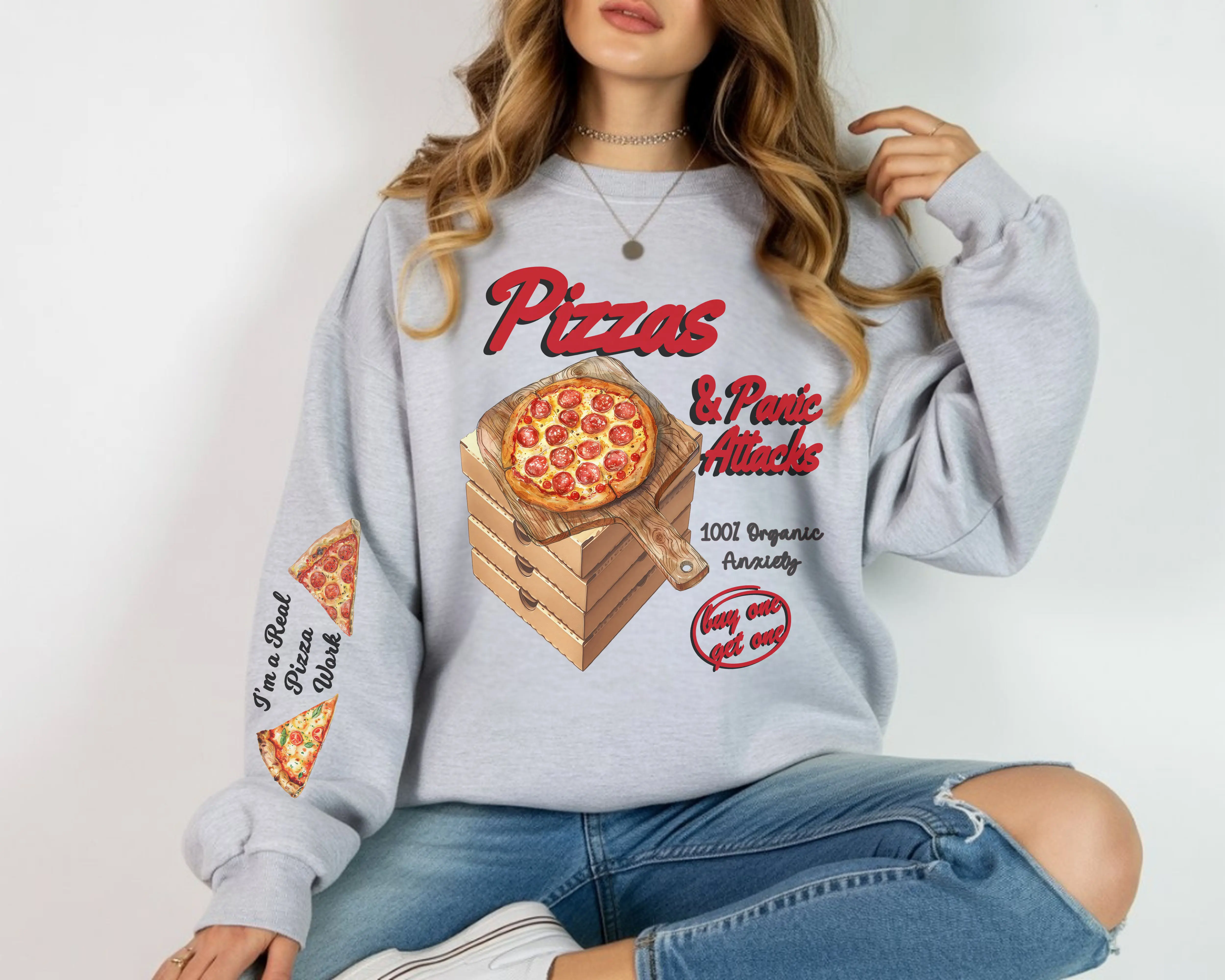Pizza and Panic Attacks Anxiety Sweatshirt or Hoodie with sleeve prints Comfy Unisex Tops Pullover Sublimation Printed