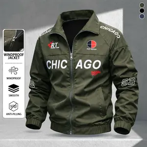 Men's stylish casual jacket with letter car racing theme print, durable windproof fabric suitable for riding, urban street style, everyday wear/lightweight activity-friendly fashionable versatile piece