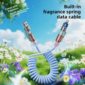 240W 4-in-1 Coiled Charging Cable 2M Retractable, 6.6FT Fast Charging Spring Cord with RGB Light and Fresh Scent, Multi-Connector USB C to Lightning/USB A to Type C Cable for iPhone 16 15 14, MacBook Pro/Air, iPad usb type