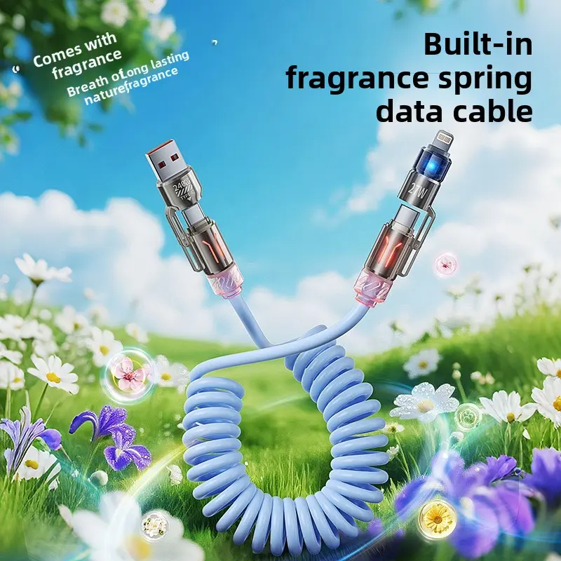 240W 4-in-1 Coiled Charging Cable 2M Retractable, 6.6FT Fast Charging Spring Cord with RGB Light and Fresh Scent, Multi-Connector USB C to Lightning/USB A to Type C Cable for iPhone 16 15 14, MacBook Pro/Air, iPad usb type