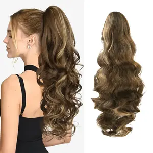 Ponytail Extension, 24 Inch Claw Clip in Long Curly Wavy Chocolate Brown with Highlights Ponytail Hair Extension Jaw Clip on Pony Tails Hairpiece for Women