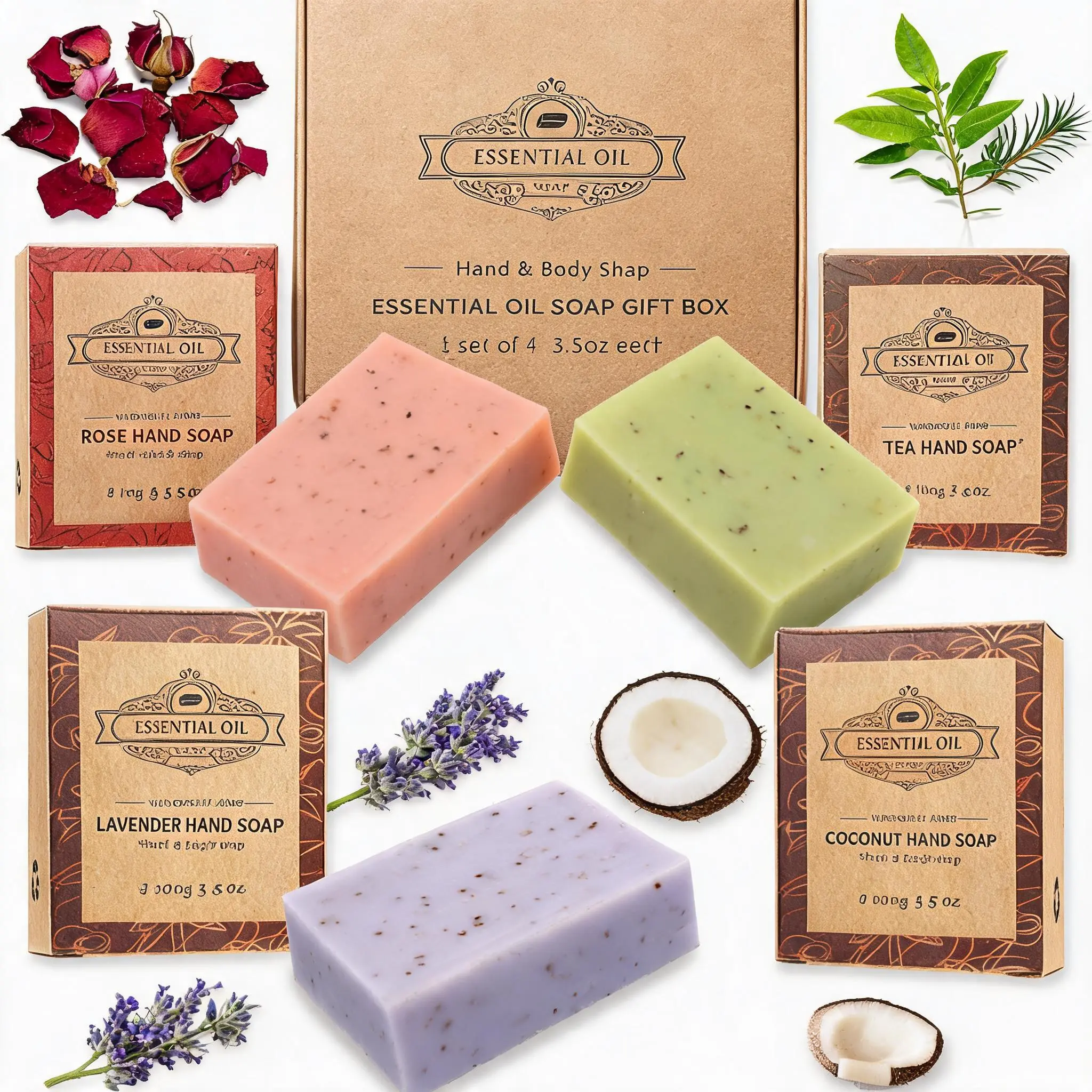 Handmade Soap Gift Set, 4-Pack Moisturizing Vegan Bar Soaps with Essential Oils - Rose, Coconut, Tea Tree & Lavender Scented Body Cleansers, Soaps For Gift, Moisturizing Body Wash & Cleansers