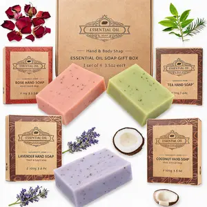 Essential Oil Soap Gift Set – 4-Pack Handmade Plant-Based Bar Soap, Rose, Coconut, Tea Tree & Lavender Scented, Vegan & Moisturizing, Individually Wrapped, Great Gift for Family
