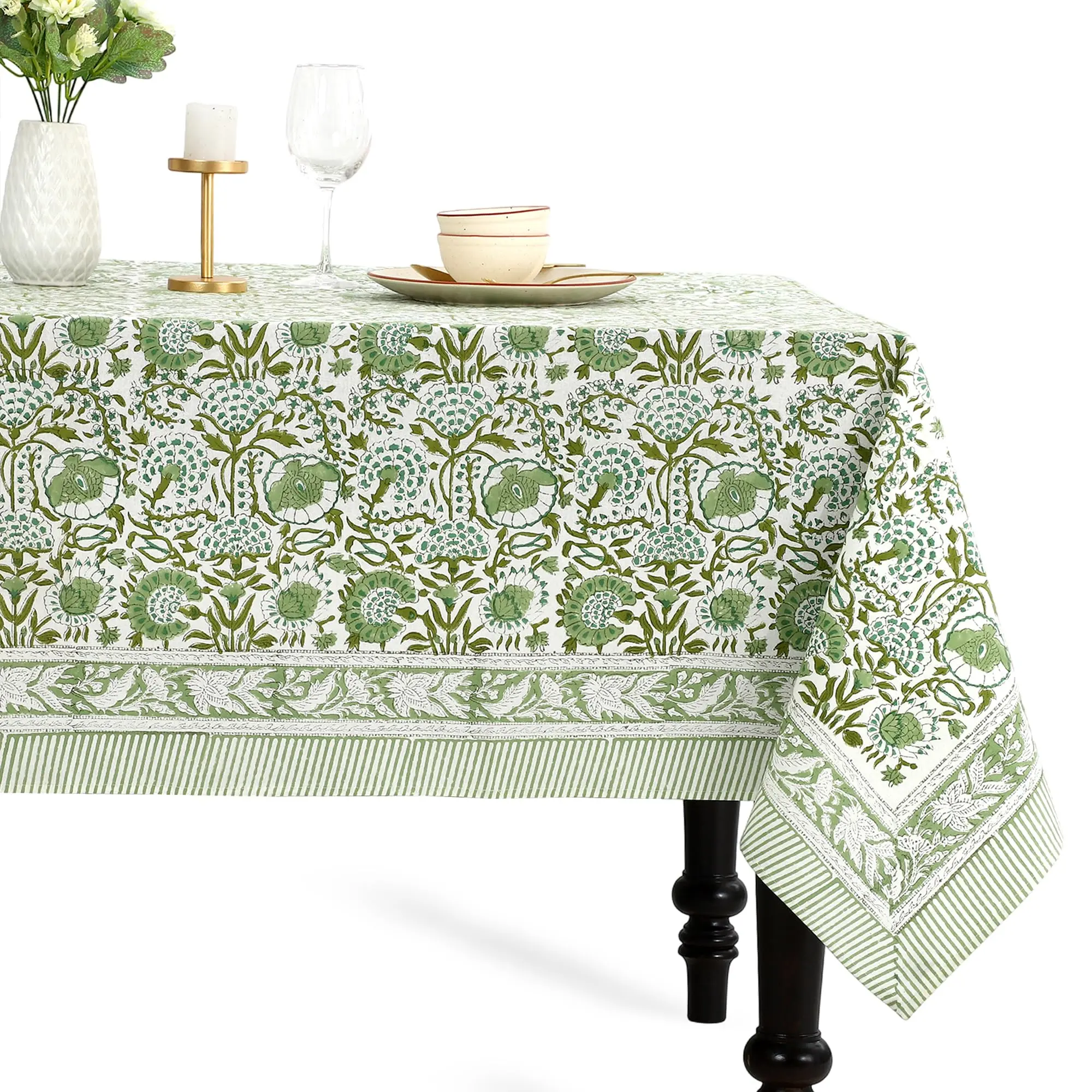 60 x 60 Inch Handmade CPC 100% Cotton Indian Block Print Square Tablecloth, Agate Green Double Stitched Edges Outdoor Cover for Weddings, Birthday, Housewarming (4-Seater)