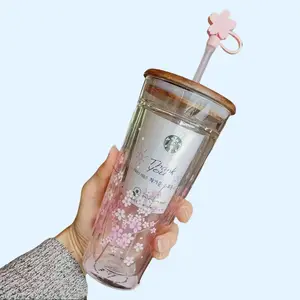Starbucks Overseas Tumbler Pink Sakura Double Glass Straw Cup 591 ml+ Wooden Lid + Plug