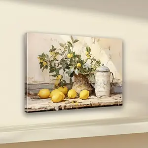 Framed Antique Lemon Still Life Canvas Print, Art Deco Style Framed Wall Art, Modern Retro Lemon Fruit Painting, Indoor Decoration Poster Suitable for Living Room, Bedroom, Kitchen, Home Office Art Lemon and Floral Composition Art Print, with Frame