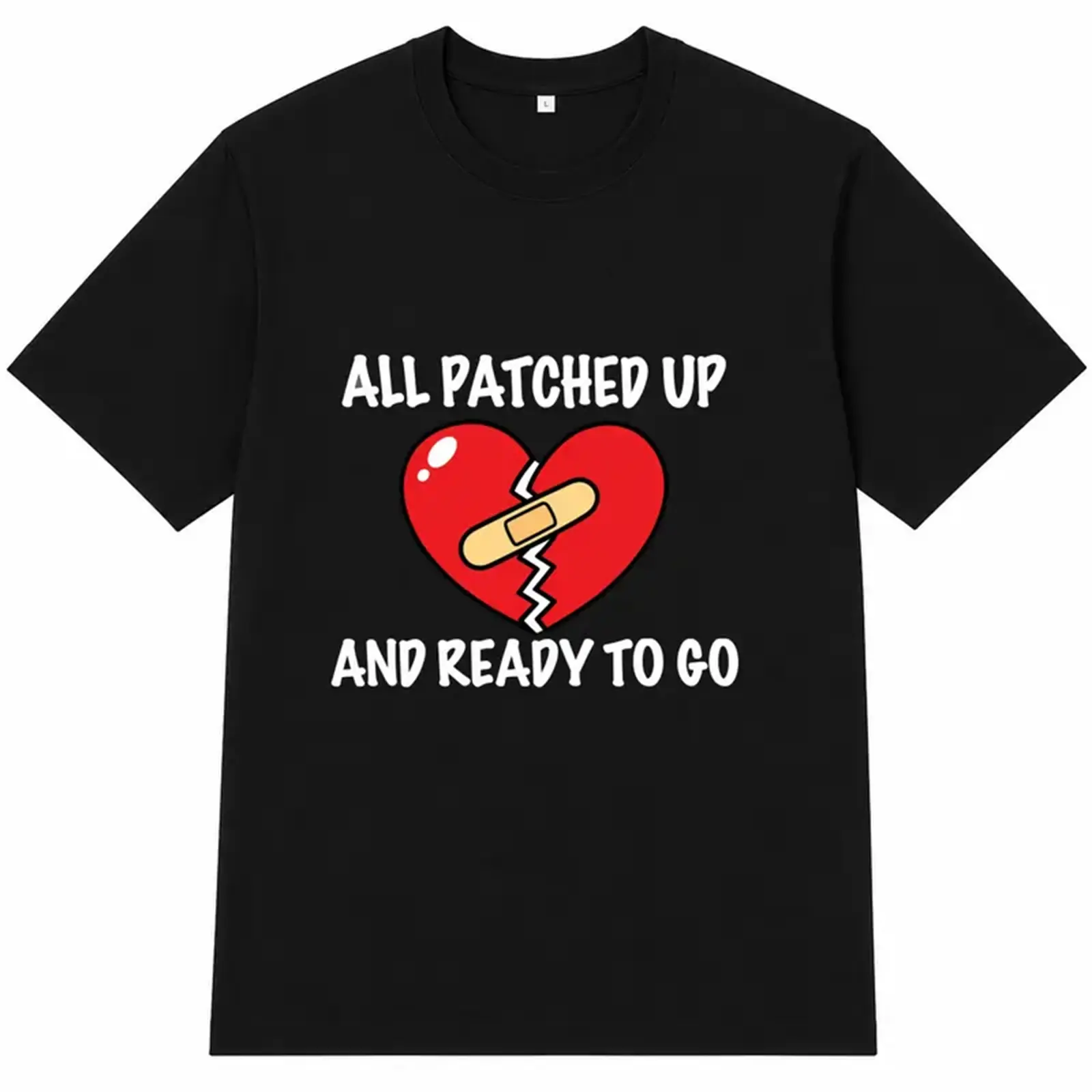 All Patched Up And Ready To Go Broken Heart Bandage Cartoon Graphic Tee,Birthday Holiday Gift,Soft Cotton Unisex Casual Short Sleeve Tee