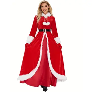 ChromaChic LEE New 2025 Christmas Costume Stage Dress Long Queen Carnival Party Dress Includes Gloves Hooded Design Belt Holiday Festive Attire