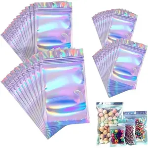 New 50pcs Waterproof Laser Flat Bottom Sealed Bags, Data Cable Jewelry Storage Pouches, Small Accessories Organizer, Travel Portable Bag, Transparent Plastic Storage