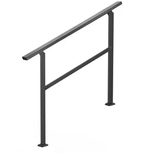2-3 Step Outdoor Handrails for Steps, Adjustable Stair Rail Kit, Black Square Tube with Horizontal Bar, Carbon Steel Support Rails for Seniors, Concrete & Deck Stairs, Easy Installation