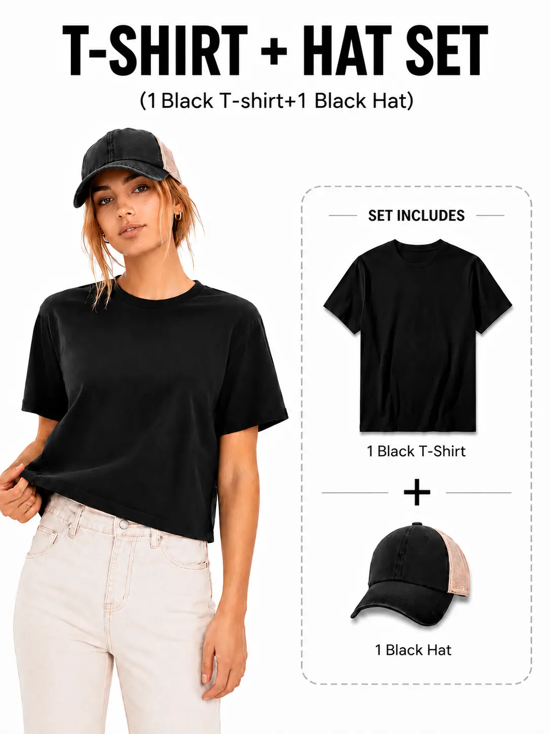 Black T-Shirt and Hat Set, Unisex Cotton Crewneck Tee with Baseball Cap, 2 Piece Casual Summer Outfit, Oversized Streetwear Matching Top Set, Everyday Basic Gift for Women Men，Washed Baseball Cap, Vintage Baseball Cap