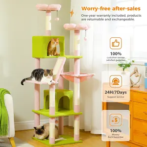 PAWZ Road 70.9-Inch Flower /Cactus Large Cat Tree for Indoor Cats, Tall Cat Tree for Large Cats, Multi-Level Plush Cat Tower with 6 Scratching Posts, 2 Perches, 2 Condos, Hammock, 2 Pompoms, Light Gray，Cream，Dark Gray#SummerVibes #petlovers