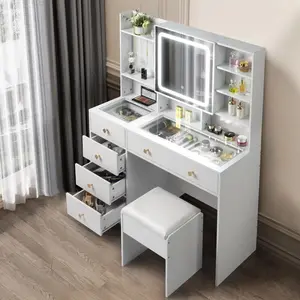 Ktaxon Large 47.2" Makeup Vanity with 3 Color Lights, Vanity Desk with USB Charging Station, Vanity Makeup Table with Visible Drawers, Hidden and Open Storage Shelves, White Ktaxon