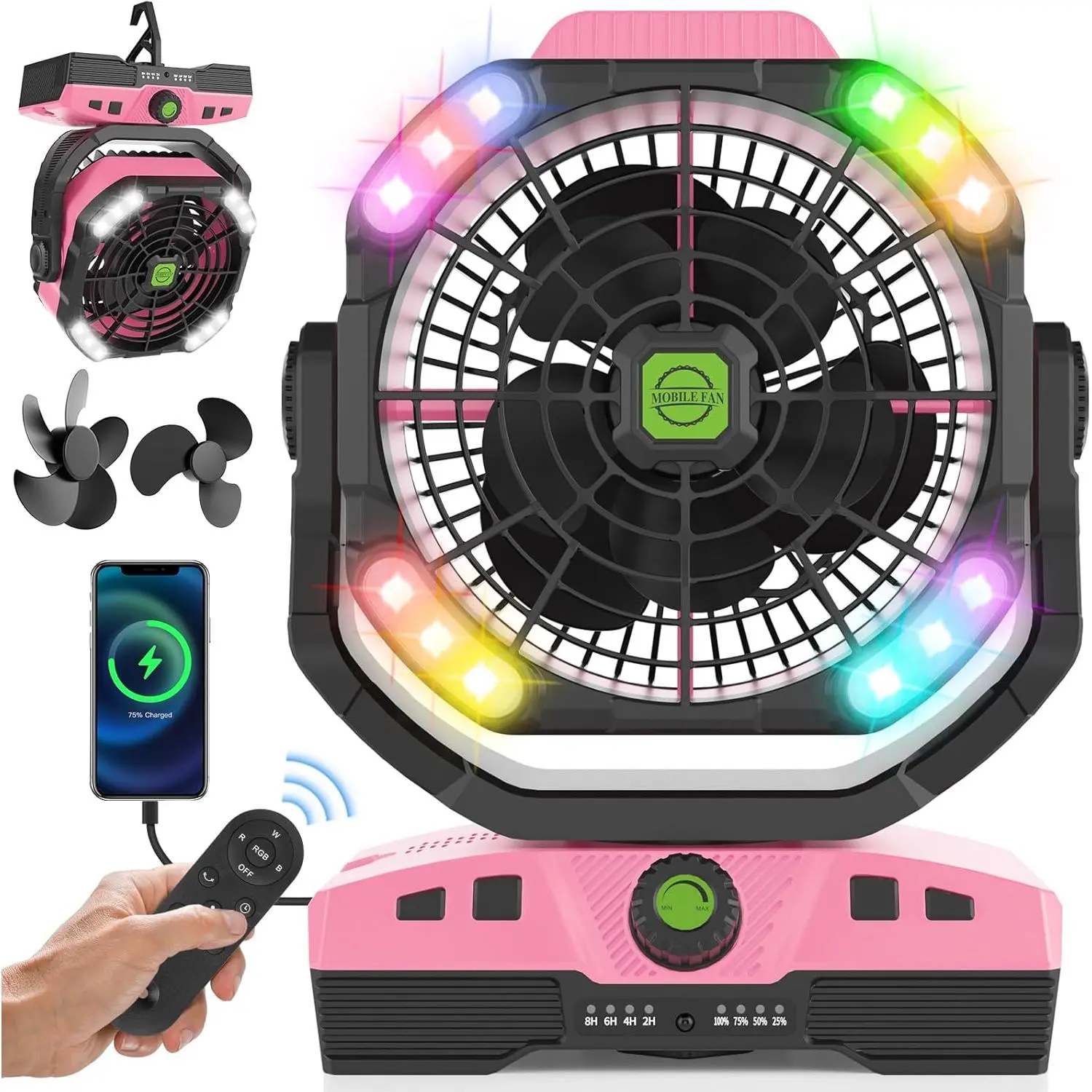 Oscillation Camping Fan with LED Lantern, 20000mAh Rechargeable  Operated Outdoor Tent Fan w/Hanging Hook, Remote Control, 4 Speeds, Personal USB Desk Fan for Camping, Jobsite (Pink)