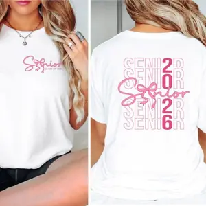 Cotton Senior 2026 Bow T-shirt Casual Loose Fit Crew Neck Short Sleeve Top for High School Graduation Gift Women's Streetwear