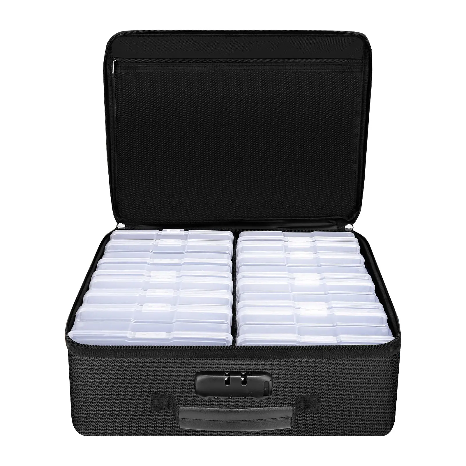 Fireproof Photo Storage Box with 16 Inner 4" x 6" Photo Case(Clear), Photo Box Organizer with Lock, Collapsible Portable Photo Storage Containers with Handle for Photos, Picture, Valuables