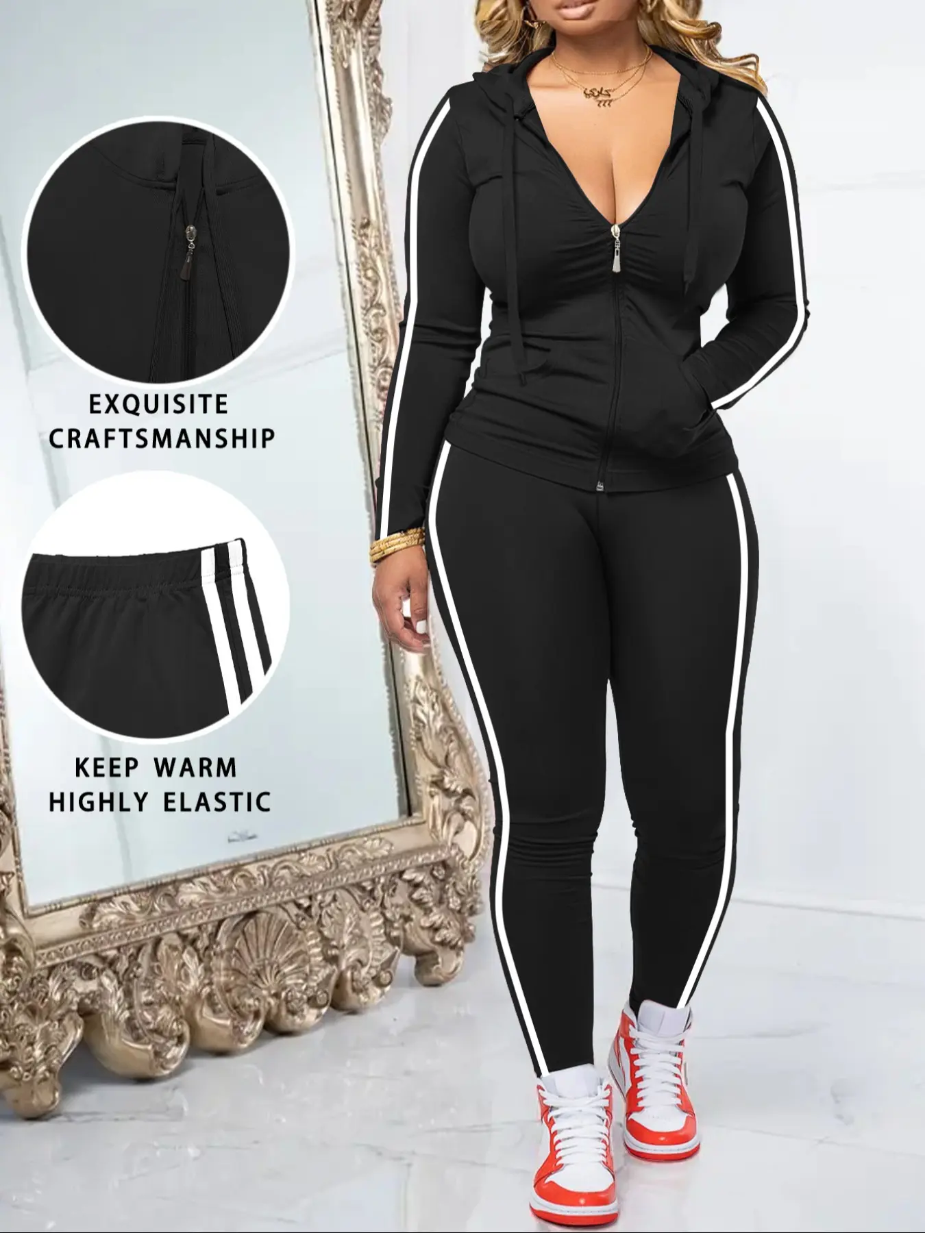Sports Set, Sports Outfit, Solid Color Hooded Long Sleeve Top & Side Stripe Skinny Pants, Casual & Sporty for Women, Activewear Clothing, Athleisure Sweatsuit, Hoodie Sweatsuit Set, Matching Workout Set