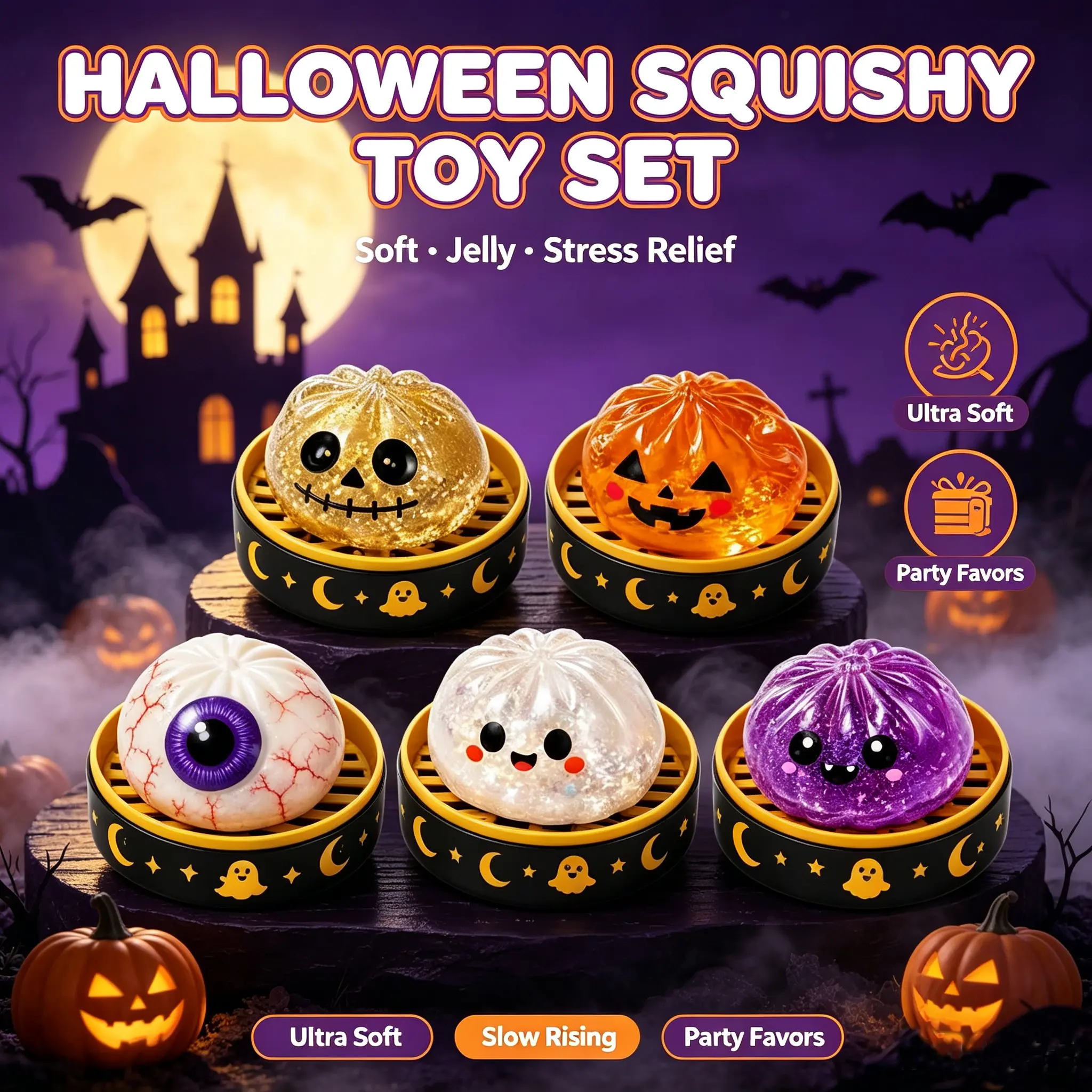 Cute Halloween scary ghost Maruko squeeze toy set, , perfect Halloween party treat bag fillers and holiday gifts,portable stress-relief hand squeeze toys