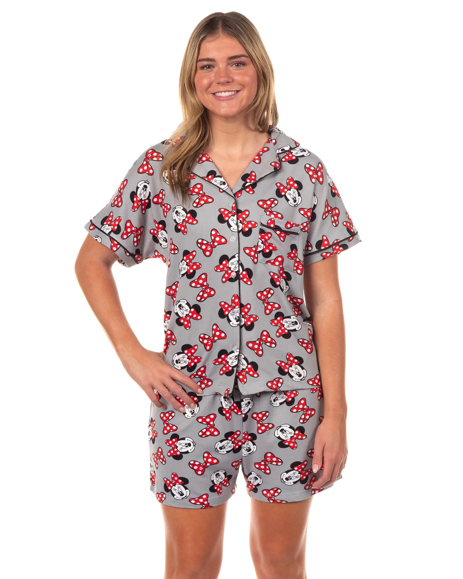 Women's Disney Minnie Mouse Polka Dot Bow Notch Collar Short Sleep Set - Smooth Polyester-Spandex Pajamas for Everyday Nightwear, Loungewear, Matching, Lightweight, Shortsleeve