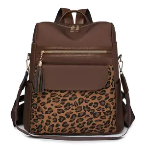 Women's Oxford Cloth Backpack with Leopard Print - Large Capacity & Travel Bag, Detachable Shoulder Straps & Zipper Closure, Suitable for Commuting, Casual Everyday Carry