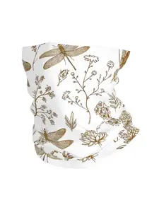 Unisex Vintage Dragonfly Neck Gaiter, Botanical Wildflower Sketch Face Scarf, White Cottagecore Bandana