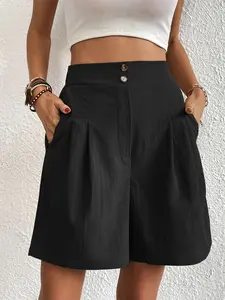 Elegant Ruched Elastic Waist Shorts with Pockets for Women