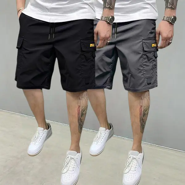 Men’s 2-pack classic cargo shorts, soft lightweight fabric, drawstring elastic waistband, cargo pocket details—ideal for casual wear, outdoor activities, and summer.