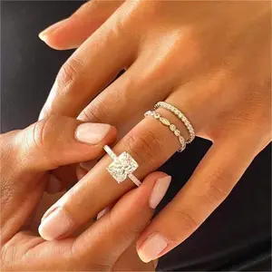 Set of 3 square CZ stone rings for women, wedding rings, engagement rings with sophisticated design, popular fashion trend in 2025