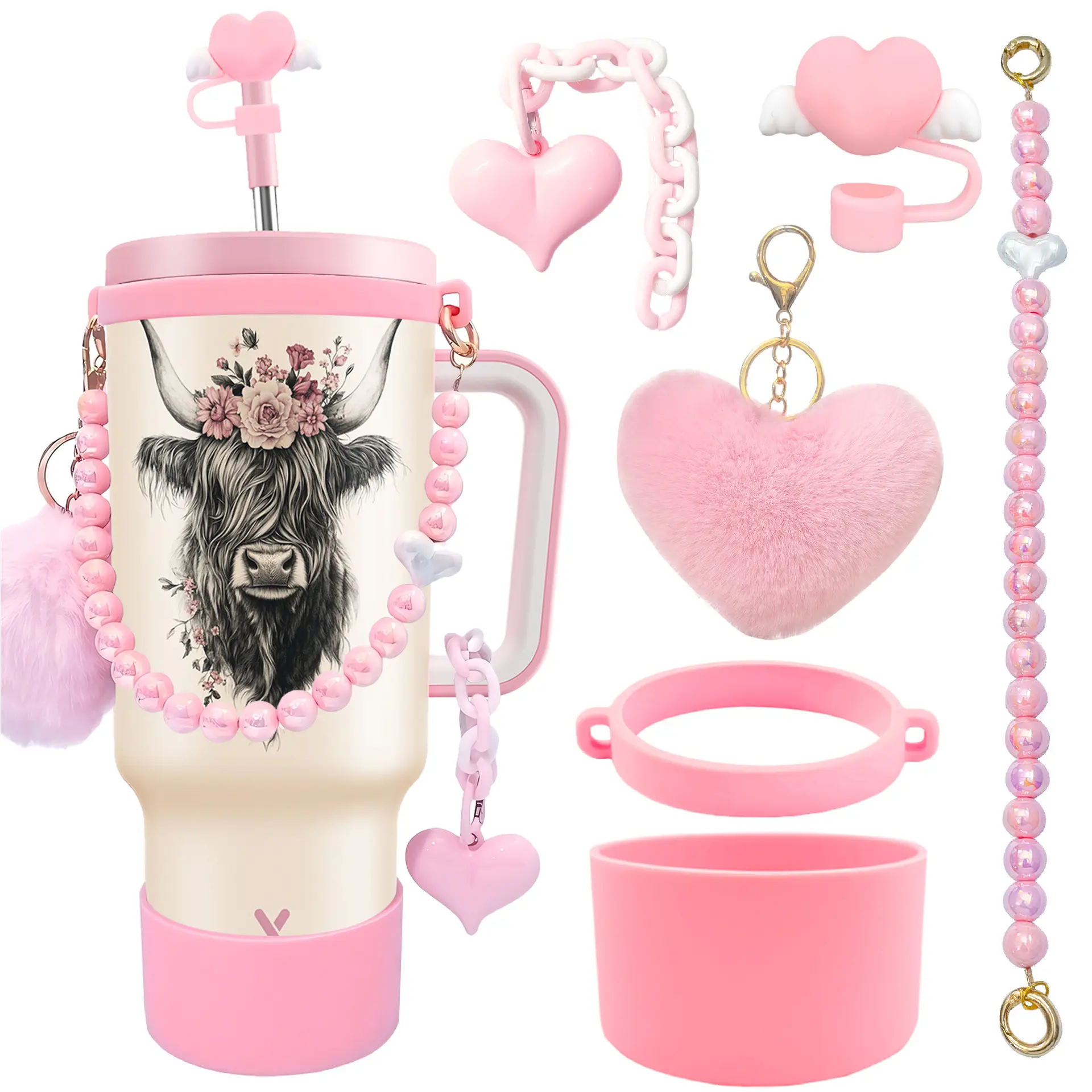 MEOKY 6pc Tumbler Accessories Set for 40oz, Includes Straw Topper, Strap Ring, Handle Strap, Cup Sleeve & Charms, Cute Decor Kit, Great Festive Gift