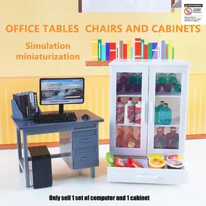 Kids Computer Room Furniture Toy Set, Role Play Set, Miniature Model with Desktop PC, Keyboard, Mouse, Desk, Chair, Books, Bookshelf, Ideal Birthday Gift