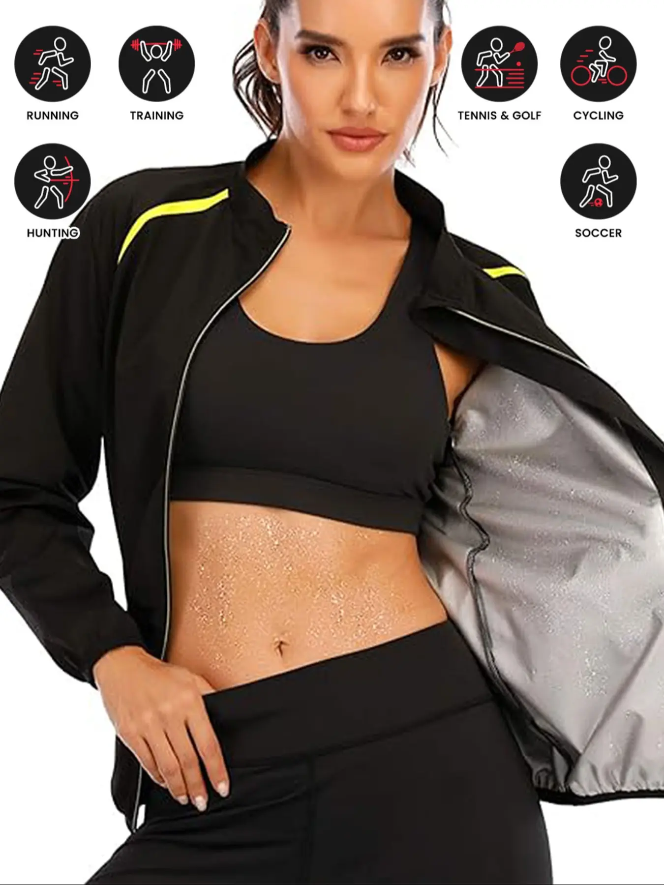 Women's Sweat Sauna Set, PU Coated Long Sleeve Zipper Stand Collar Jacket, Reflective Shaping Fitness Shirt, Running Yoga Gym Wear, Sports Yoga Jacket, Performance Zip Jacket, Sportswear Jacket, Workout Jackets, Workout Clothes Women