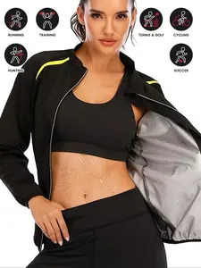 Women's Sweat Sauna Set, PU Coated Long Sleeve Zipper Stand Collar Jacket, Reflective Shaping Fitness Shirt, Running Yoga Gym Wear, Sports Yoga Jacket