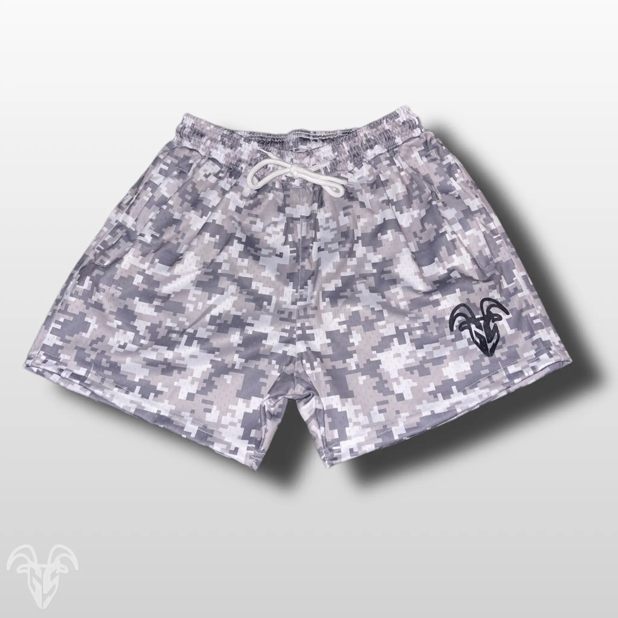Men's Goat Strength Mesh Shorts / Men's Shorts 5 inch inseam Digital Snow Camo Shorts Gym Breathable Elastic Workout white digital snow camo pattern athletic shorts