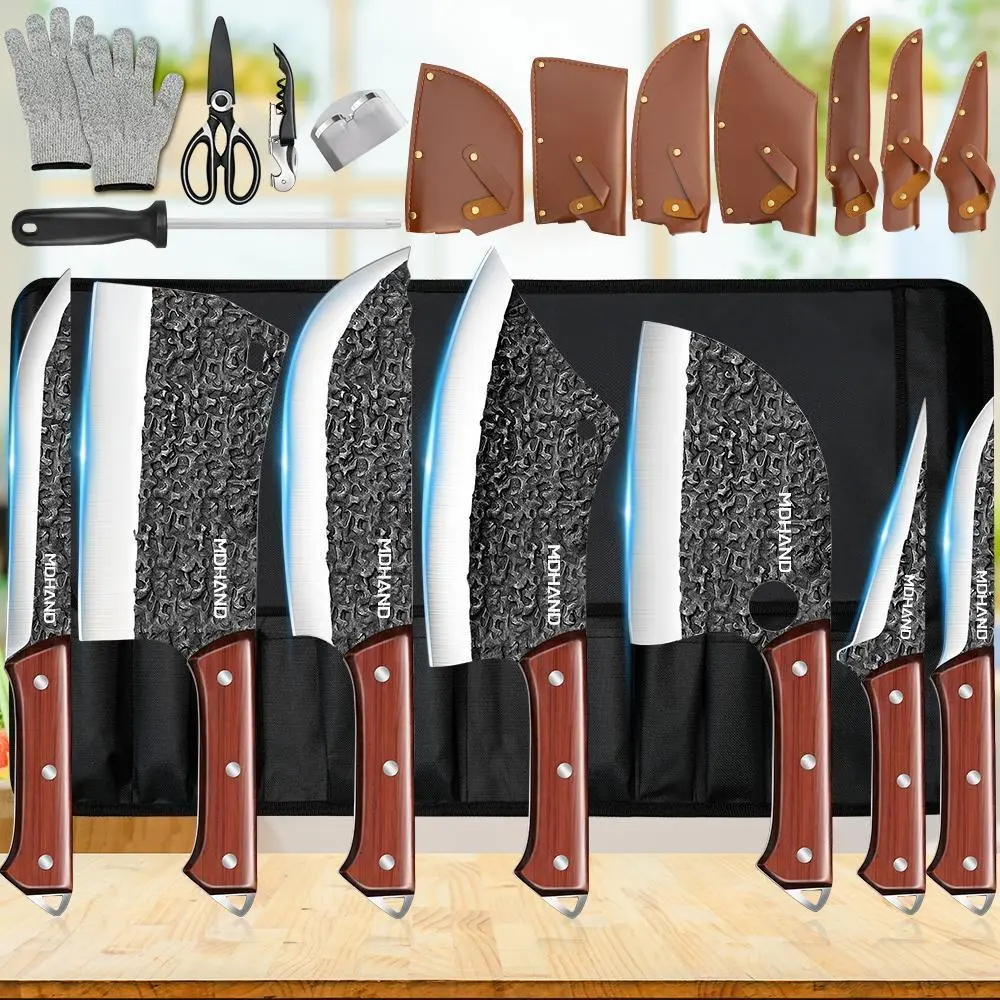 【Summerfind】MDHAND Professional Kitchen Chef Knife Set, Hand Forged High Carbon Stainless Steel Blades for Meat Slicing Chopping Boning, Knife Set with Roll Bag