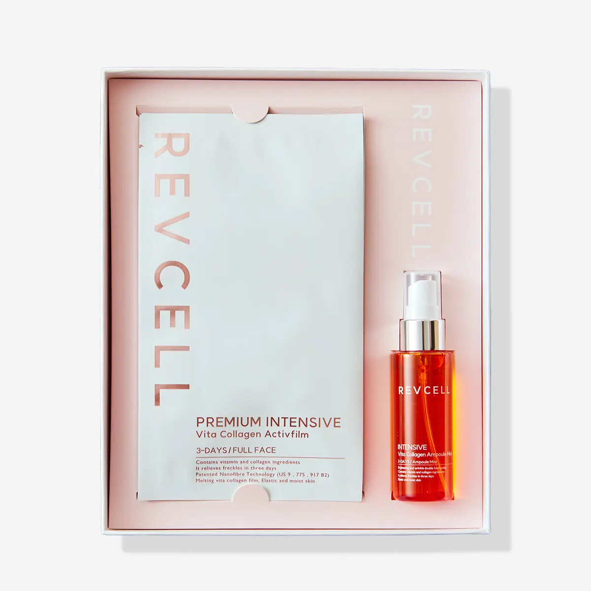 REVCELL Premium Intensive Vita Collagen Activfilm Set - Nano Collagen Facial Sheet Mask 10 Sheets + Vita Collagen Ampoule Mist 55ml, Hydrating Firming Brightening Skincare Set