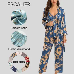 Elegant women’s three-piece silk satin sleepwear set featuring dragon-print long-sleeve robes and soft silk loungewear, suitable as comfortable sleepwear and elegant casual wear, available in plus sizes (S–2XL), ideal for Christmas sleepwear.